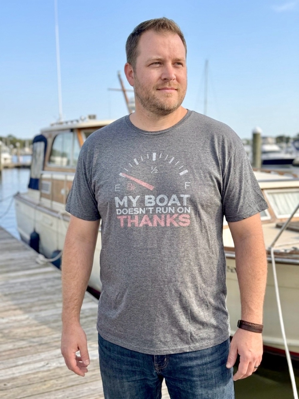 Gray Graphic Crewneck Tee - 'My Boat Doesn't Run On Thanks' (Men’s Large)